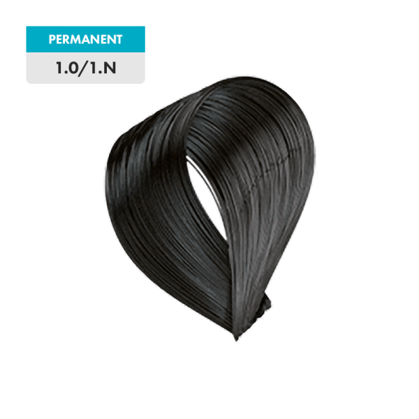 A looped swatch of 1.0 / 1.N - Black permanent black hair dye displayed against a plain background.