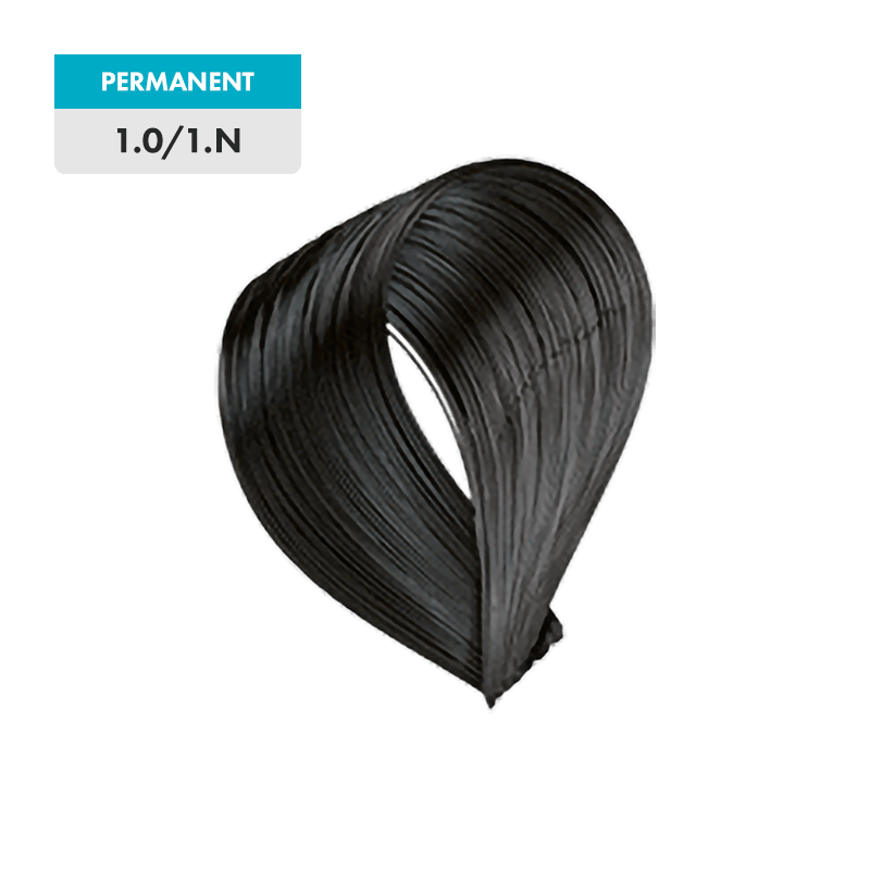 A looped swatch of 1.0 / 1.N - Black permanent black hair dye displayed against a plain background.