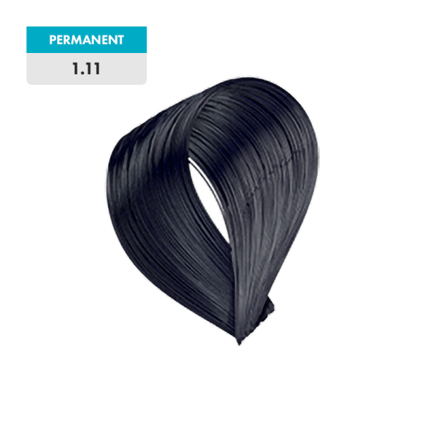 A swatch of blue black hair color labeled as "PERMANENT 1.11 - Blue Black" is shown against a green background.
