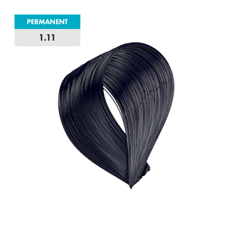 A swatch of blue black hair color labeled as "PERMANENT 1.11 - Blue Black" is shown against a green background.