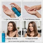 Four-step hair serum guide: dispense Ultimate Repair System Serum, rub between hands, apply to hair ends, then style or finish on towel-dried, partially dried, or dry hair.