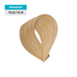 A sample of 10.0 / 10.N - Lightest Natural Blonde permanent hair color is shown on a green background.