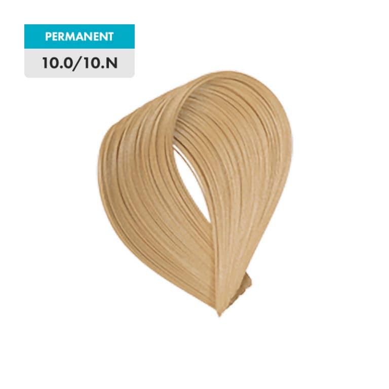 A sample of 10.0 / 10.N - Lightest Natural Blonde permanent hair color is shown on a green background.