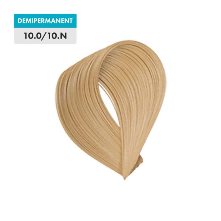 A sample swatch of lightest blonde hair color labeled "10.0 - Lightest Blonde (Demipermanent)" on a white and turquoise label.