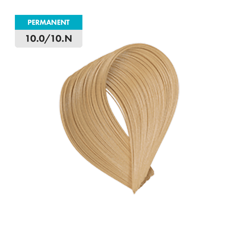 A sample of 10.0 / 10.N - Lightest Natural Blonde permanent hair color is shown on a green background.