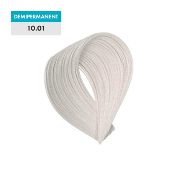 A swatch of platinum blonde neutral ash hair labeled "10.01 - DEMIPERMANENT" is shown against a green background.