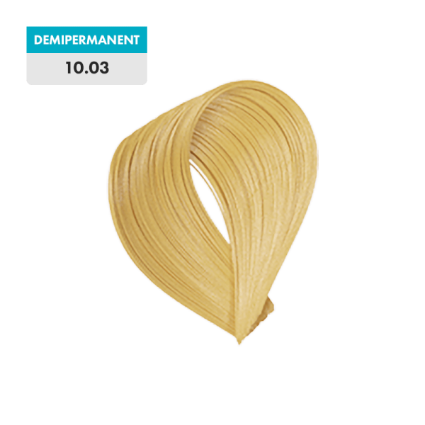 A swatch of 10.03 - Platinum Warm Blonde (Demipermanent) hair color displayed against a transparent background.