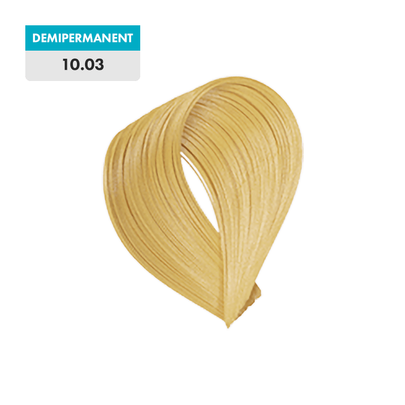 A swatch of 10.03 - Platinum Warm Blonde (Demipermanent) hair color displayed against a transparent background.