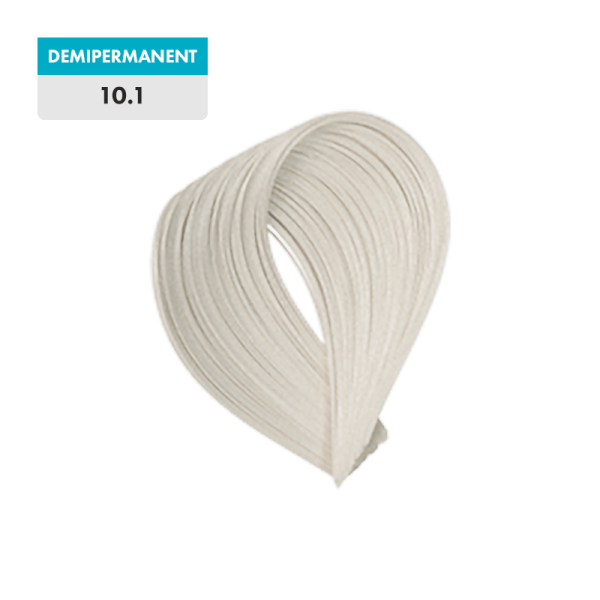 A swatch of 10.1 - Lightest Blonde Ash (Demipermanent) is displayed as a loop of light ash blonde hair against a plain background.