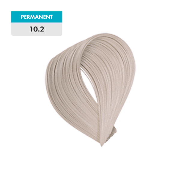 A swatch of light blonde hair labeled "PERMANENT 10.12 - Pearl Platinum Blonde" on a white and blue tag, shown against a green background.