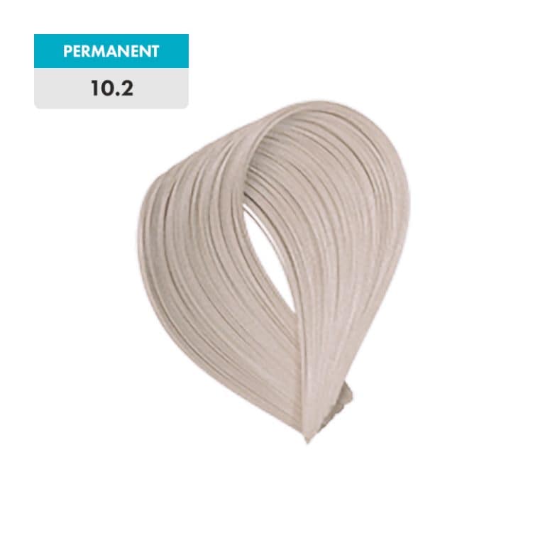 A swatch of light blonde hair labeled "PERMANENT 10.12 - Pearl Platinum Blonde" on a white and blue tag, shown against a green background.