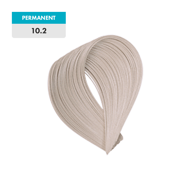A swatch of light blonde hair labeled "PERMANENT 10.12 - Pearl Platinum Blonde" on a white and blue tag, shown against a green background.