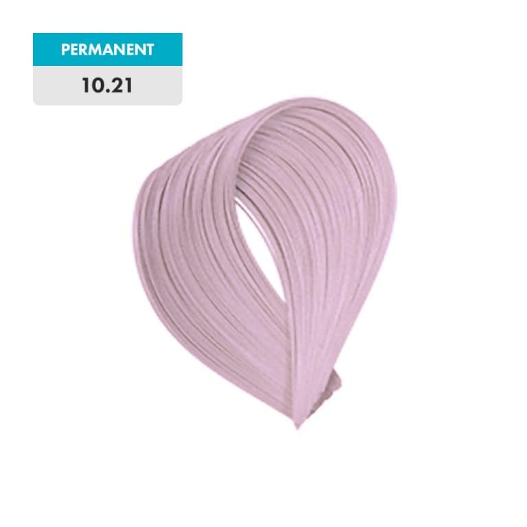 A sample of permanent hair color in the shade 10.21 - Violet Ash Platinum Blonde.