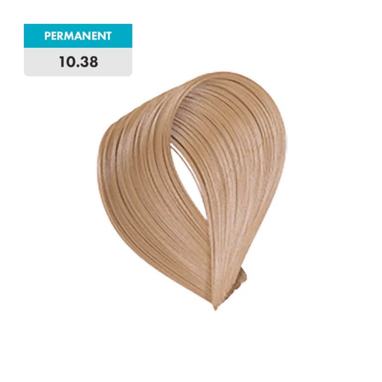 A swatch of 10.38 - Lightest Golden Beige Blonde permanent hair color is shown against a plain background.