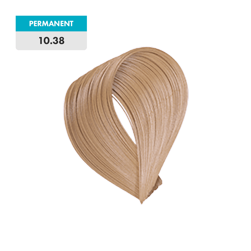 A swatch of 10.38 - Lightest Golden Beige Blonde permanent hair color is shown against a plain background.