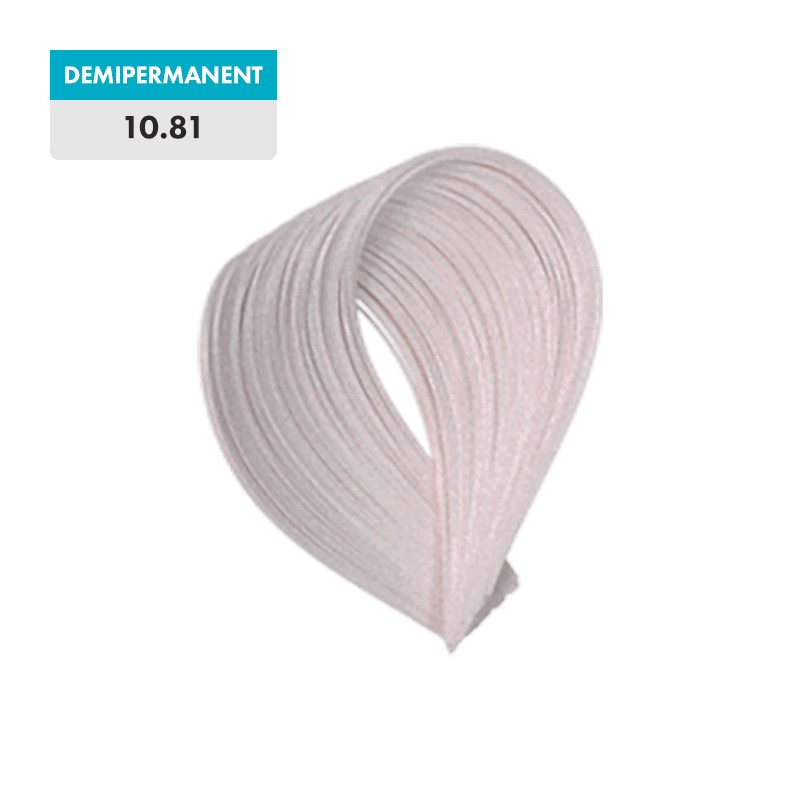 A loop of pale, silvery hair is shown with a label above that reads "10.81 - Lightest Pearl Ash Blonde (Demipermanent)".
