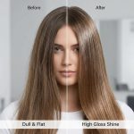 Split image of a woman with straight hair; left side is dull and flat (labeled "Before: Dull & Flat"), right side is smoother with high gloss shine after using G&C Cream Developer 10 Volume (labeled "After: High Gloss Shine").