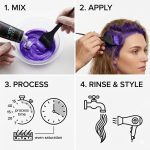 Step-by-step instructions: mix hair color with Blond Plex Violet Developer 10 Volume, apply to hair, process for the recommended time, then rinse and style as shown in the provided diagrams and photos.