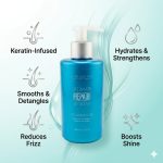 Blue bottle of Ultimate Repair System Conditioner with pump, surrounded by icons and text highlighting benefits: keratin-infused, smooths and detangles, reduces frizz, hydrates, strengthens hair, and boosts shine.