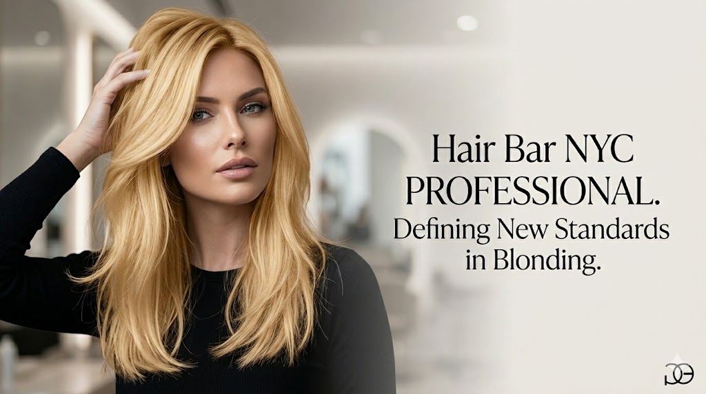 A woman with long, styled blonde hair poses in a salon. Text reads: "Hair Bar NYC PROFESSIONAL. Setting new standards in blonding with Perfect Blond Blue Lightener Powder.