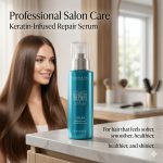 A woman with long, straight brown hair stands next to a bottle of Ultimate Repair System Serum on a salon counter.