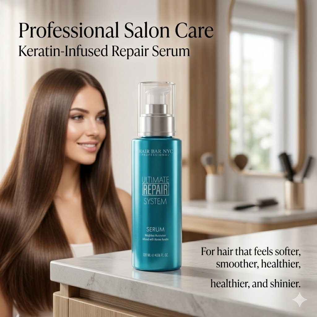 A woman with long, straight brown hair stands next to a bottle of Ultimate Repair System Serum on a salon counter.
