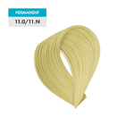 A swatch of light blonde hair labeled "PERMANENT 11.0/11.N - Platinum Blonde" on a turquoise and white tag, displayed against a plain background.