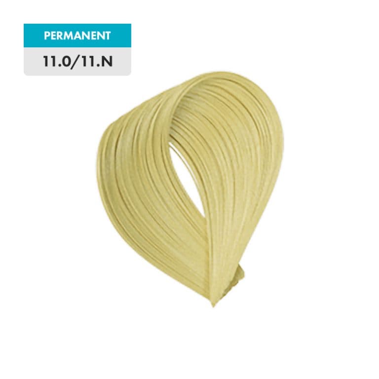 A swatch of light blonde hair labeled "PERMANENT 11.0/11.N - Platinum Blonde" on a turquoise and white tag, displayed against a plain background.