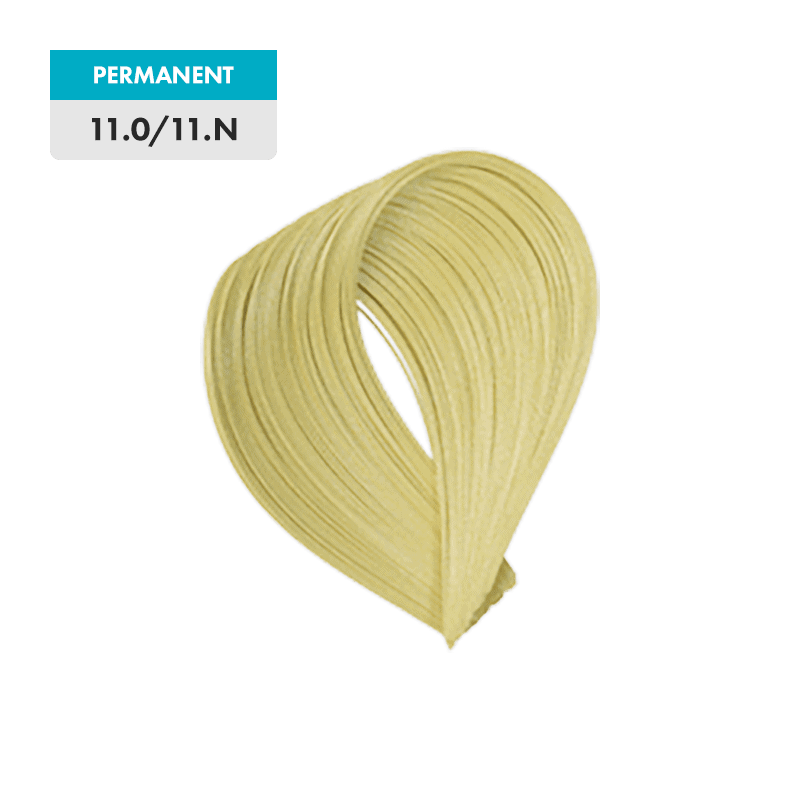 A swatch of light blonde hair labeled "PERMANENT 11.0/11.N - Platinum Blonde" on a turquoise and white tag, displayed against a plain background.
