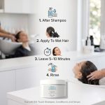 At a salon, a woman uses Silk Touch System Mask while on-screen text instructs: After shampooing, apply to wet hair, leave for 5–10 minutes, then rinse.