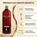A bottle of 24 Karat Keratin sits beside a list highlighting luminous shine, frizz control, gold nourishment, and transformative long-lasting results from the 24 Karat Keratin treatment.