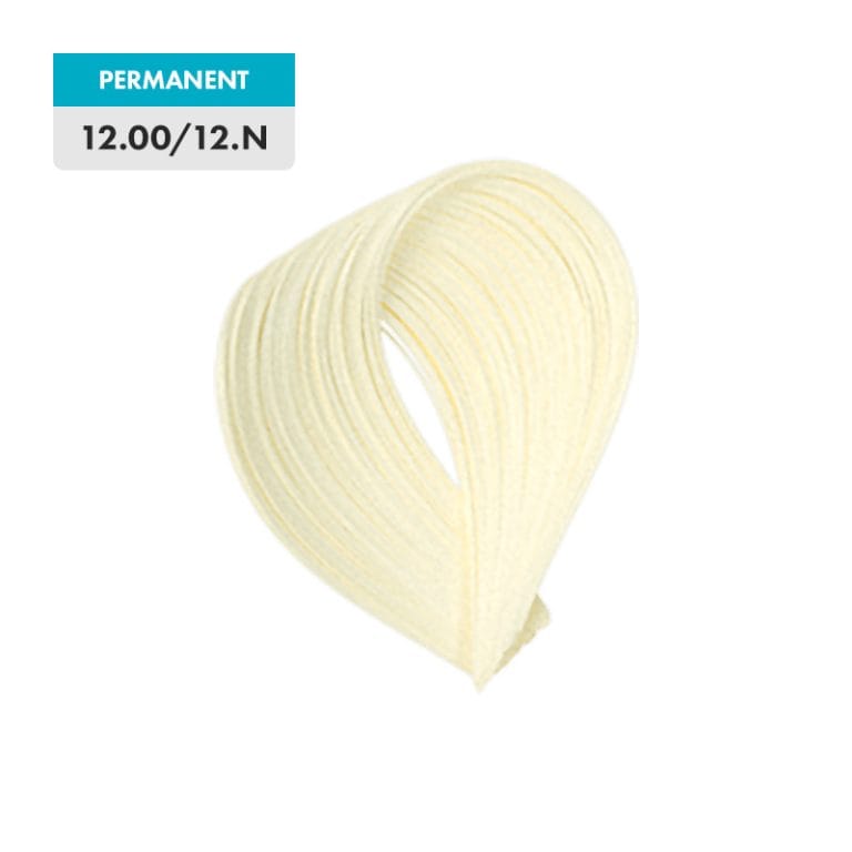 A swatch of light blonde hair labeled "12.00 / 12.NN - Extra Platinum Blonde" on a teal and white tag.