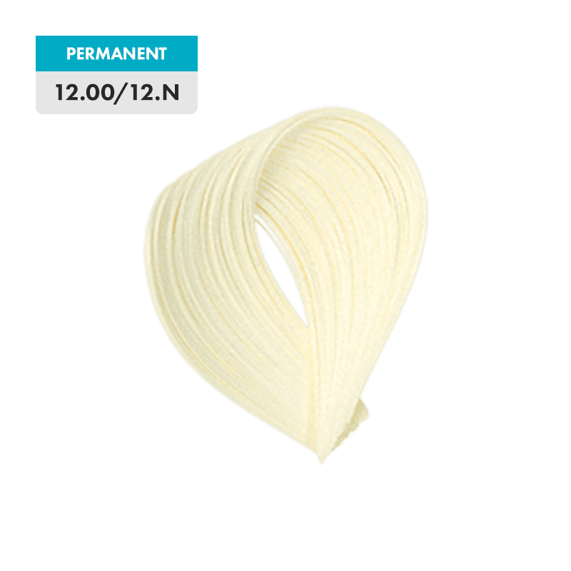 A swatch of light blonde hair labeled "12.00 / 12.NN - Extra Platinum Blonde" on a teal and white tag.