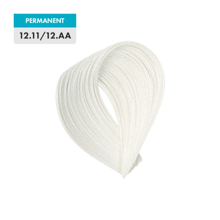 A permanent hair color sample, 12.11 / 12.AA - Extra Platinum Matt Blonde, is displayed in a light, very pale blonde shade on a transparent background.