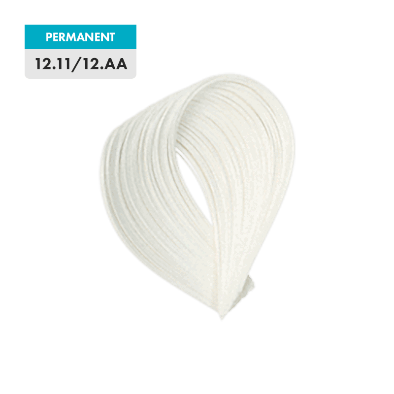 A permanent hair color sample, 12.11 / 12.AA - Extra Platinum Matt Blonde, is displayed in a light, very pale blonde shade on a transparent background.