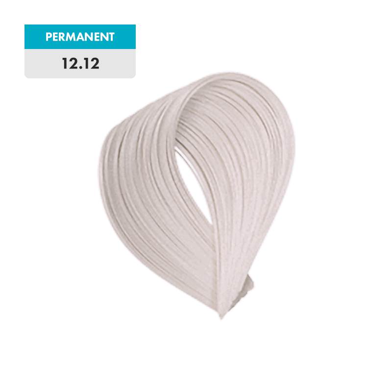 A swatch of light platinum blonde hair labeled "12.12 - Pearl Extreme Blonde" sits on a white and teal tag.