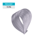 A swatch of silver-gray hair dye labeled "Super Lightening Ash Violet" is shown with a price tag of 12.96.