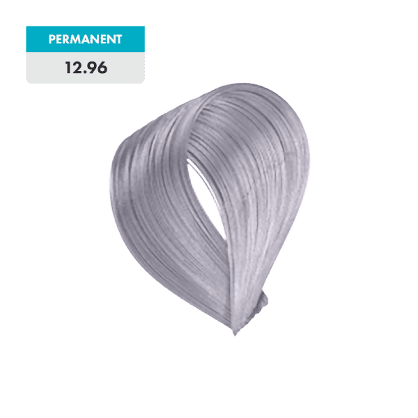 A swatch of silver-gray hair dye labeled "Super Lightening Ash Violet" is shown with a price tag of 12.96.