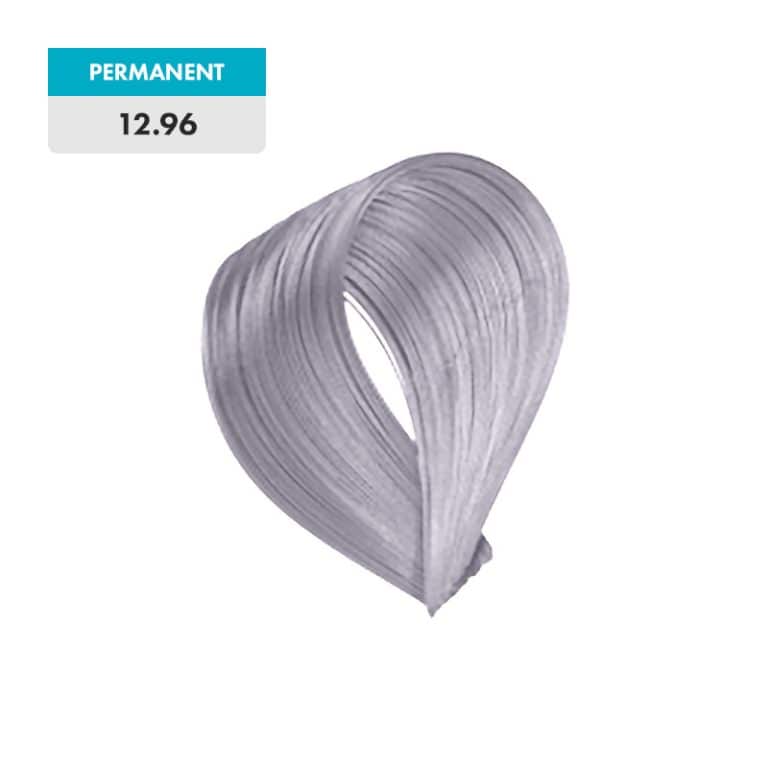 A swatch of silver-gray hair dye labeled "Super Lightening Ash Violet" is shown with a price tag of 12.96.