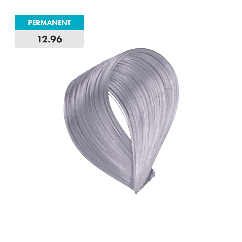 A swatch of silver-gray hair dye labeled "Super Lightening Ash Violet" is shown with a price tag of 12.96.