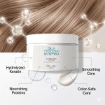 A white jar of Silk Touch System Mask rests on a light background with hair strands and molecule graphics, showcasing its keratin, proteins, smoothing benefits, and color-safe formula for radiant, healthy hair.