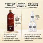 A comparison graphic shows a large bottle of 24 Karat Keratin next to three smaller generic bottles, emphasizing its greater size, advanced formula, and superior salon-quality results.