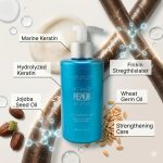 A blue bottle of Ultimate Repair System Conditioner is shown with images of its key ingredients—keratin, nourishing oils—and labeled benefits such as strengthening and intensive care.