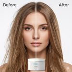 Split image of a woman's face: left side shows dry, frizzy hair labeled "Before," right side features smooth, shiny hair labeled "After." The Silk Touch System Mask is displayed at the bottom center.
