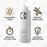 A white bottle of Silk Touch Keratin is centered, surrounded by icons and text emphasizing frizz control, smoother hair, faster styling, and humidity protection.