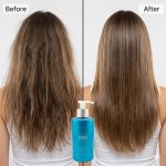 Side-by-side comparison of a woman's hair before and after using Ultimate Repair System Conditioner: frizzy hair on the left, smooth and shiny on the right, with the conditioner bottle displayed in the center.