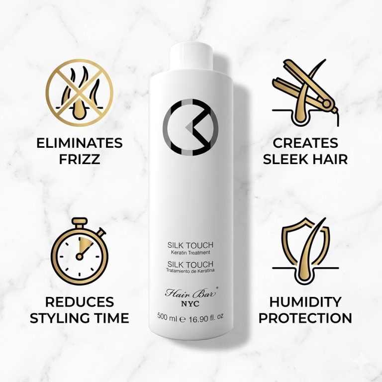 A white bottle of Silk Touch Keratin is centered, surrounded by icons and text emphasizing frizz control, smoother hair, faster styling, and humidity protection.