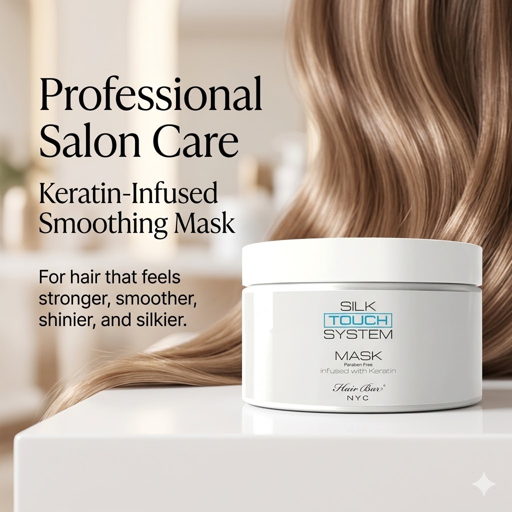 A Silk Touch System Mask container sits on a counter, highlighting professional salon care for smoother, shinier, and stronger hair.