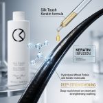 A dropper applies Silk Touch Keratin formula with hydrolyzed wheat protein to a hair strand. The packaging and scientific graphics emphasize its deep strengthening and nourishing benefits.