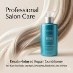 A bottle of Ultimate Repair System Conditioner is shown with flowing, healthy blonde hair and text highlighting professional salon care plus keratin-infused repair for stronger, shinier hair.